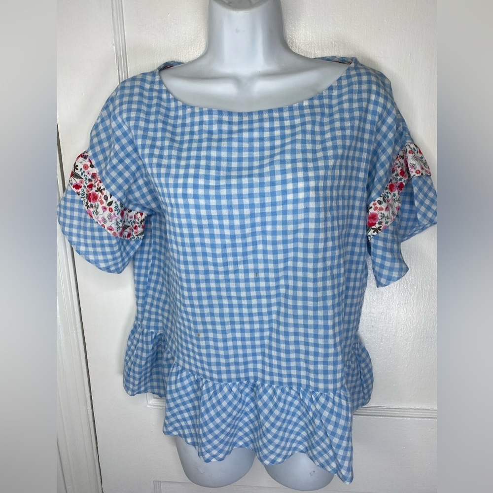Matilda Jane Rural Route Blue Seersucker Peplum Gingham Women’s w Floral Accents - Picture 3 of 5